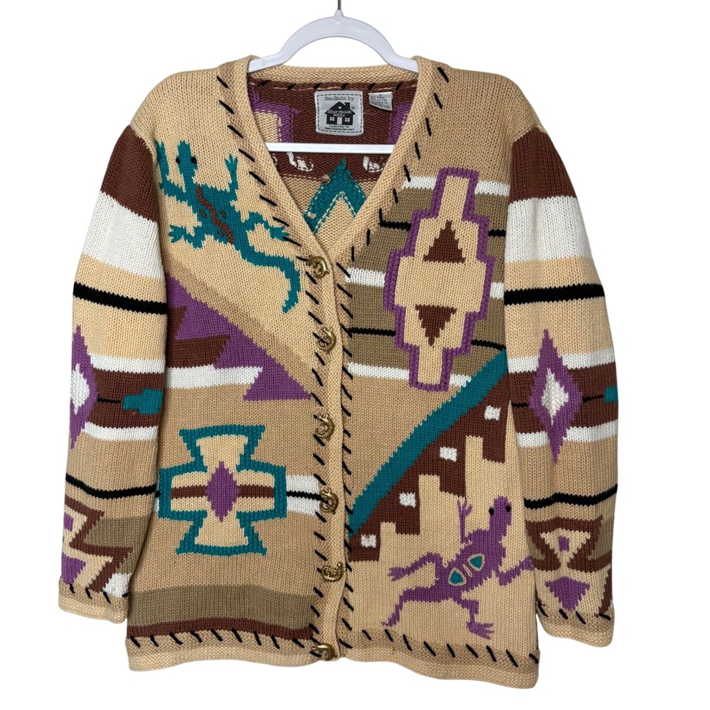 Vtg 90s Storybook Knits Southwestern Cardigan S Grandmacore Gecko Lizard Novelty